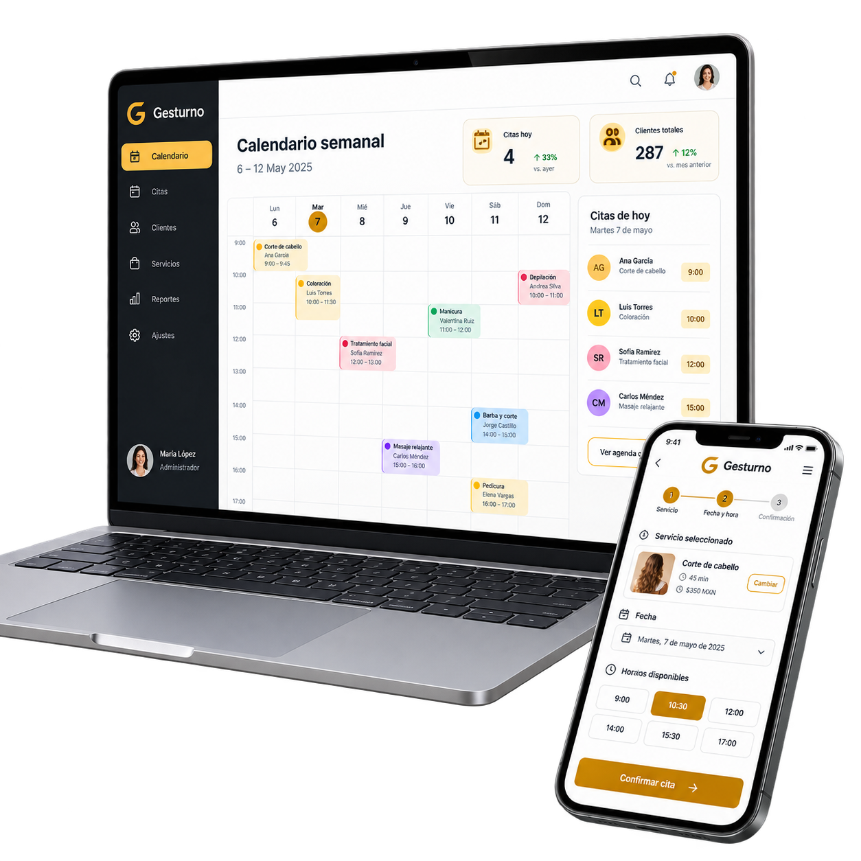 Gesturno en una computadora y un celular mostrando agenda, disponibilidad y reserva de turnos