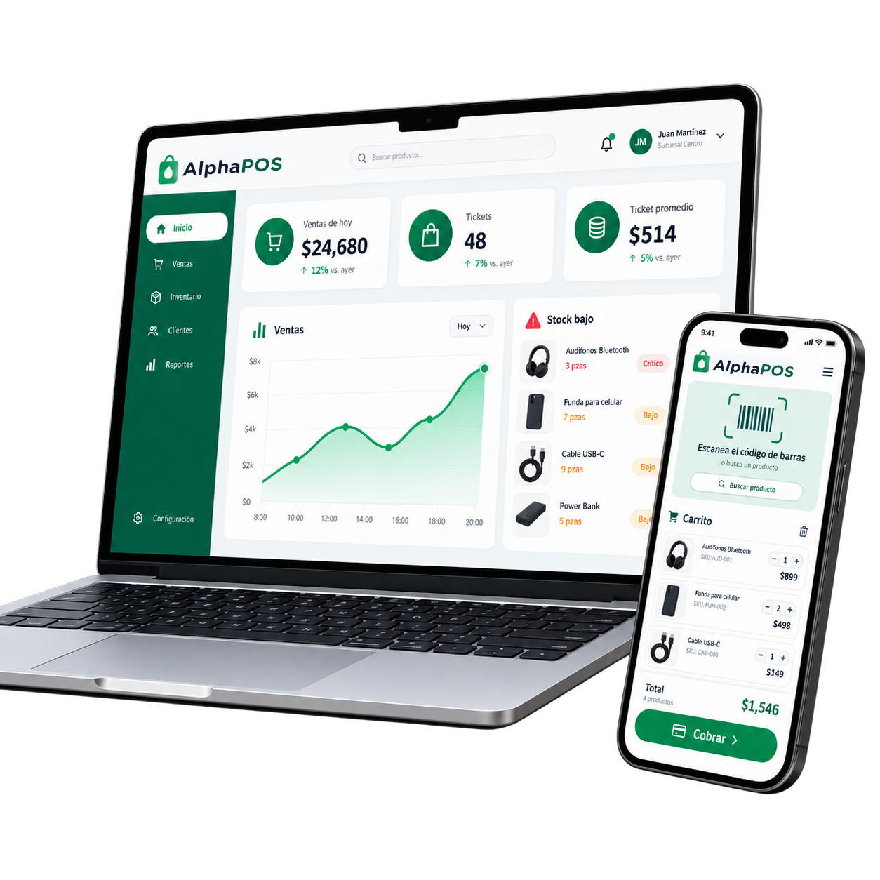 OnCommerce en una computadora y un celular mostrando ventas, inventario y punto de venta