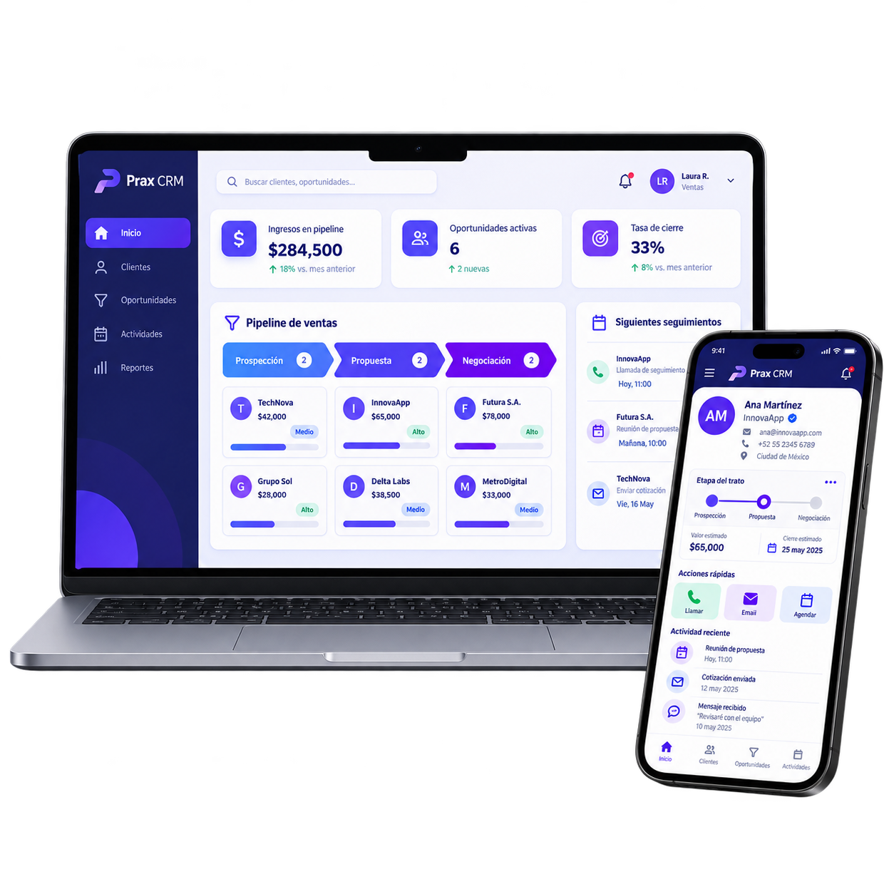 Prax CRM en una computadora y un celular mostrando el pipeline comercial y una ficha de cliente